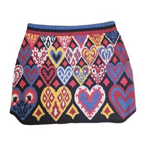 FARM Rio Hearts Ikat Knit Skirt Size Large Pull-On Soft Wool Blend Multicolor